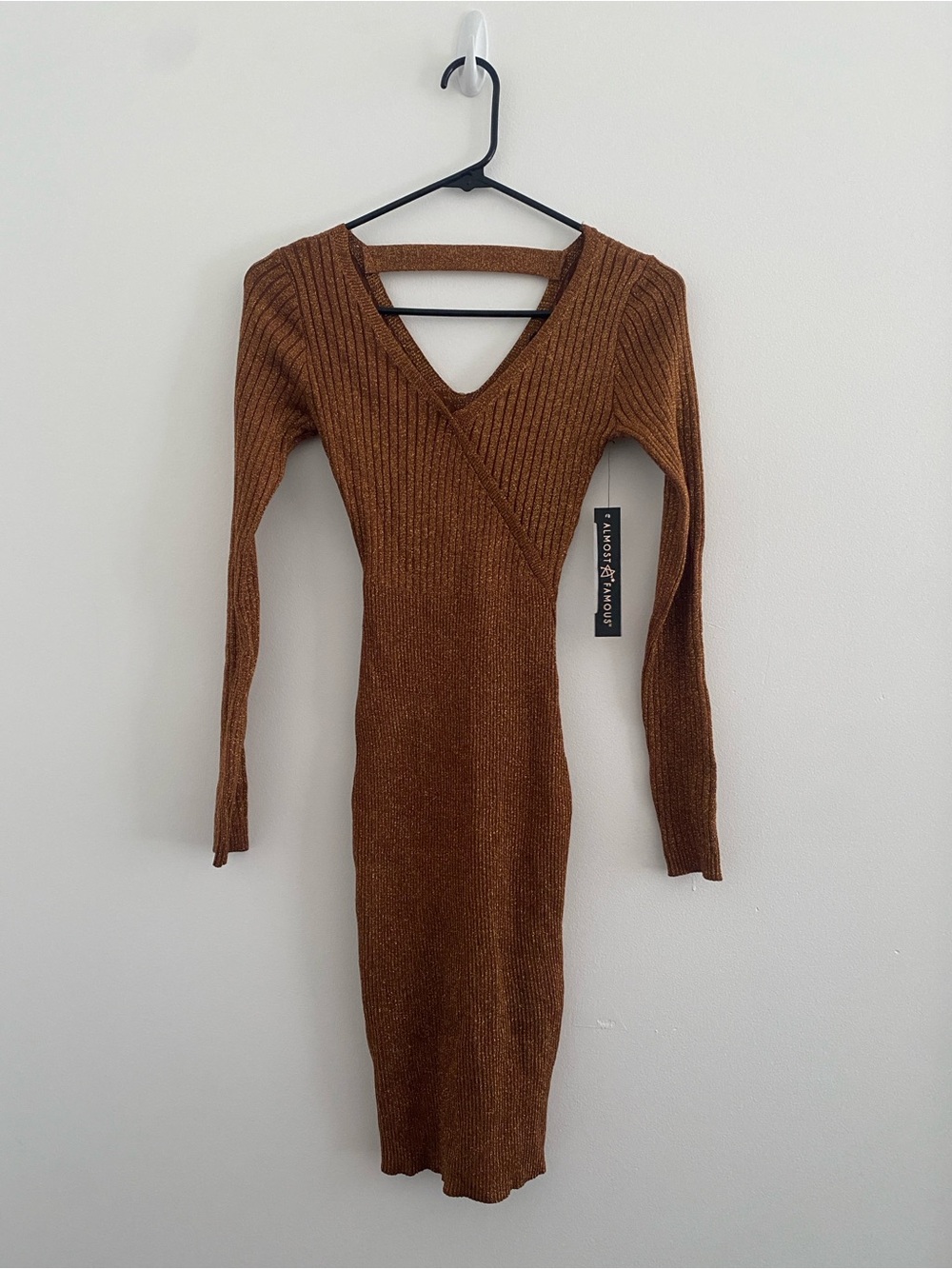 Knit Wrap-Style Bodycon Dress in Chestnut Brown